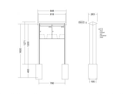 RENZ Briefkastenanlage freistehend, PRISMA, Edelstahl V4A, Kastenformat 370x440x145mm, 2-teilig, zum Einbetonieren, Renz Nummer 10-0-10368