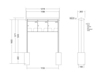 RENZ Briefkastenanlage freistehend, PRISMA, Edelstahl V4A, Kastenformat 370x440x145mm, 3-teilig, zum Einbetonieren, Renz Nummer 10-0-10369