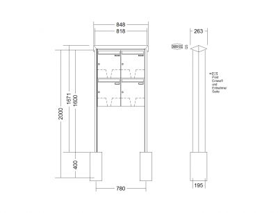 RENZ Briefkastenanlage freistehend, PRISMA, Edelstahl V4A, Kastenformat 370x440x145mm, 4-teilig, zum Einbetonieren, Renz Nummer 10-0-10370