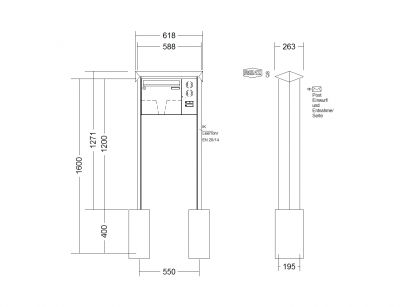 RENZ Briefkastenanlage freistehend, PRISMA, Edelstahl V4A, Kastenformat 370x330x145mm, mit Klingel - & Lichttaster und Vorbereitung Gegensprechanlage 1-teilig, zum Einbetonieren, Renz Nummer 10-0-10374