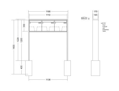 RENZ Briefkastenanlage freistehend, RS2000, Kastenformat 370x330x145mm, 3-teilig, zum Einbetonieren, Renz Nummer 10-0-10389