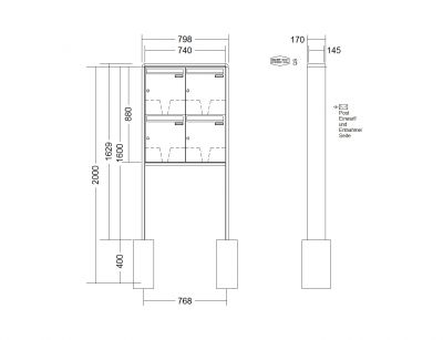 RENZ Briefkastenanlage freistehend, RS2000, Kastenformat 370x440x145mm, 4-teilig, zum Einbetonieren, Renz Nummer 10-0-10396