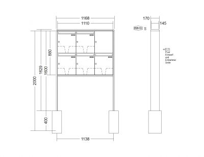 RENZ Briefkastenanlage freistehend, RS2000, Kastenformat 370x440x145mm, 5-teilig, zum Einbetonieren, Renz Nummer 10-0-10397