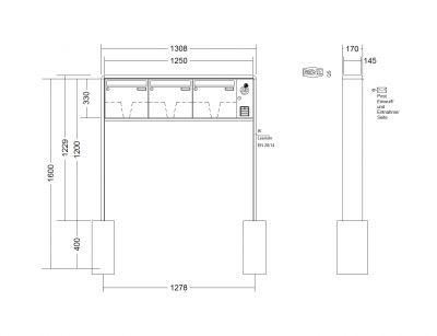 RENZ Briefkastenanlage freistehend, RS2000, Kastenformat 370x330x145mm, mit Klingel - & Lichttaster und Vorbereitung Gegensprechanlage, 3-teilig, zum Einbetonieren, Renz Nummer 10-0-10402