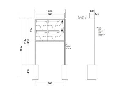 RENZ Briefkastenanlage freistehend, RS2000, Kastenformat 370x330x145mm, mit Klingel - & Lichttaster und Vorbereitung Gegensprechanlage, 4-teilig, zum Einbetonieren, Renz Nummer 10-0-10403