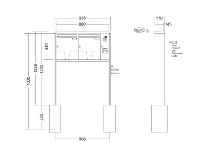 RENZ Briefkastenanlage freistehend, RS2000, Kastenformat 370x440x145mm, mit Klingel - & Lichttaster und Vorbereitung Gegensprechanlage, 2-teilig, zum Einbetonieren, Renz Nummer 10-0-10408