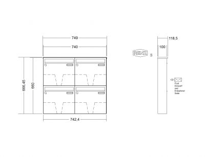RENZ Briefkastenanlage, Aufputz, Classic Basic B, Edelstahl V4A, Kastenformat 370x330x100mm, 4-teilig, Renz Nummer 10-0-25018