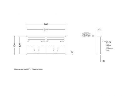 RENZ Briefkastenanlage Unterputz, Eckrahmen, Kastenformat 370x330x100mm, 2-teilig, Renz Nummer 10-0-25025