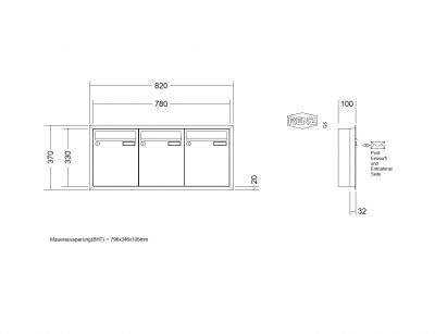 RENZ Briefkastenanlage Unterputz, Eckrahmen, Kastenformat 260x330x100mm, 3-teilig, Renz Nummer 10-0-25051