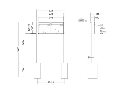 RENZ Briefkastenanlage freistehend, Basic B, Edelstahl V4A, Kastenformat 370x330x100mm, 2-teilig, zum Einbetonieren, Renz Nummer 10-0-25064