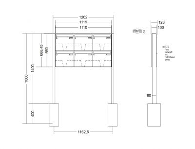 RENZ Briefkastenanlage freistehend, Basic B, Edelstahl V4A, Kastenformat 370x330x100mm, 6-teilig, zum Einbetonieren, Renz Nummer 10-0-25068