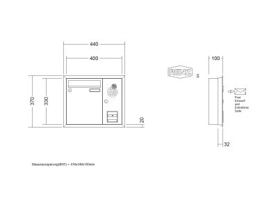 RENZ Briefkastenanlage Unterputz, Eckrahmen, Kastenformat 260x330x100mm, mit Klingel - & Lichttaster und Vorbereitung Gegensprechanlage, 1-teilig, Renz Nummer 10-0-25069