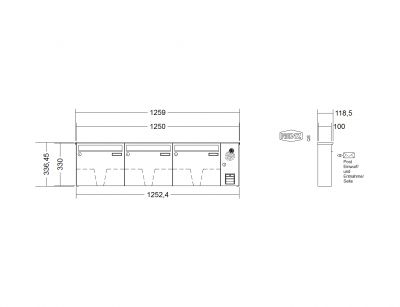 RENZ Briefkastenanlage, Aufputz, Classic Basic B, Edelstahl V4A, Kastenformat 370x330x100mm, mit Klingel - & Lichttaster und Vorbereitung Gegensprechanlage, 3-teilig, Renz Nummer 10-0-25077