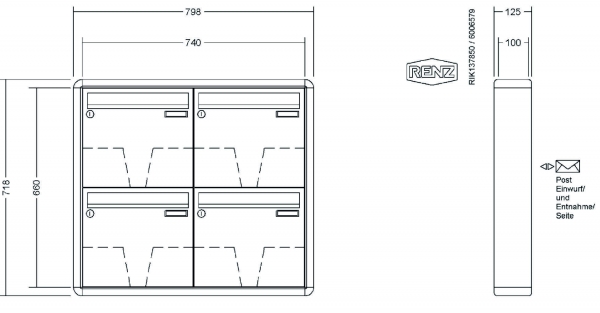 RENZ Briefkastenanlage Aufputz RS2000 Kastenformat 370x330x100mm, 4-teilig, Renz Nummer 10-0-25115