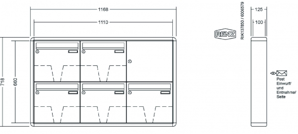 RENZ Briefkastenanlage Aufputz RS2000 Kastenformat 370x330x100mm, 5-teilig, Renz Nummer 10-0-25125