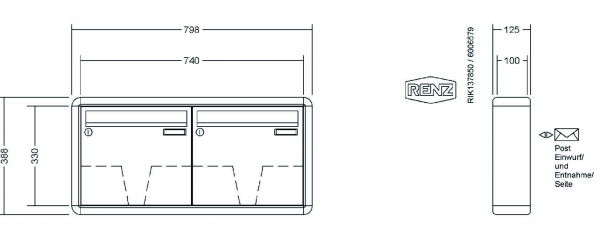 RENZ Briefkastenanlage Aufputz RS2000 Kastenformat 370x330x100mm, 2-teilig, Renz Nummer 10-0-25127