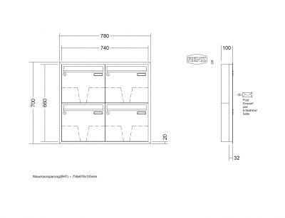 RENZ Briefkastenanlage Unterputz, Eckrahmen, Kastenformat 370x330x100mm, 4-teilig, Renz Nummer 10-0-25155