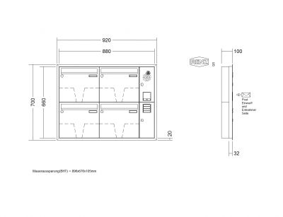 RENZ Briefkastenanlage Unterputz, Eckrahmen, Kastenformat 370x330x100mm, mit Klingel - & Lichttaster und Vorbereitung Gegensprechanlage, 4-teilig, Renz Nummer 10-0-25177