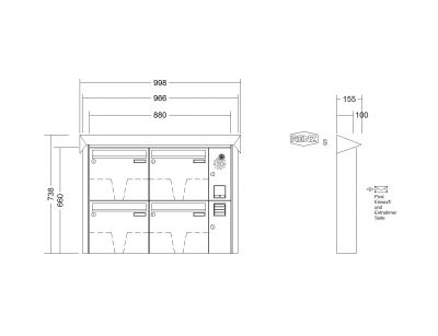 RENZ Briefkastenanlage Aufputz Prisma Kastenformat 370x330x100mm, mit Klingel - & Lichttaster und Vorbereitung Gegensprechanlage, 4-teilig, Renz Nummer 10-0-25220