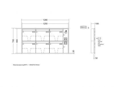 RENZ Briefkastenanlage Unterputz, Eckrahmen, Kastenformat 370x330x100mm, mit Klingel - & Lichttaster und Vorbereitung Gegensprechanlage, 6-teilig, Renz Nummer 10-0-25245