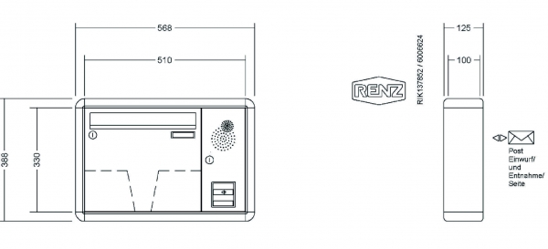 RENZ Briefkastenanlage Aufputz RS2000 Kastenformat 370x330x100mm, mit Klingel - & Lichttaster und Vorbereitung Gegensprechanlage, 1-teilig, Renz Nummer 10-0-25262