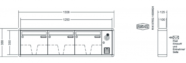RENZ Briefkastenanlage Aufputz RS2000 Kastenformat 370x330x100mm, mit Klingel - & Lichttaster und Vorbereitung Gegensprechanlage, 3-teilig, Renz Nummer 10-0-25266