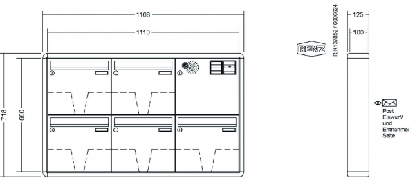 RENZ Briefkastenanlage Aufputz RS2000 Kastenformat 370x330x100mm, mit Klingel - & Lichttaster und Vorbereitung Gegensprechanlage, 5-teilig, Renz Nummer 10-0-25270