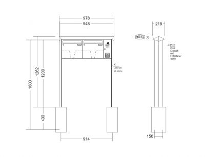 RENZ Briefkastenanlage freistehend, PRISMA, Kastenformat 370x330x100mm, mit Klingel - & Lichttaster und Vorbereitung Gegensprechanlage 2-teilig, zum Einbetonieren, Renz Nummer 10-0-25278