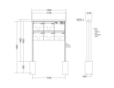 RENZ Briefkastenanlage freistehend, PRISMA, Kastenformat 370x330x100mm, mit Klingel - & Lichttaster und Vorbereitung Gegensprechanlage 5-teilig, zum Einbetonieren, Renz Nummer 10-0-25284