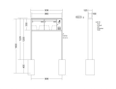 RENZ Briefkastenanlage freistehend, RS2000, Kastenformat 370x330x100mm, mit Klingel - & Lichttaster und Vorbereitung Gegensprechanlage, 2-teilig, zum Einbetonieren, Renz Nummer 10-0-25302