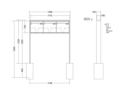 RENZ Briefkastenanlage freistehend, RS2000, Kastenformat 370x330x100mm, 3-teilig, zum Einbetonieren, Renz Nummer 10-0-25331