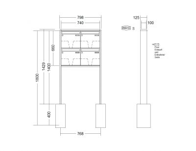 RENZ Briefkastenanlage freistehend, RS2000, Kastenformat 370x330x100mm, 4-teilig, zum Einbetonieren, Renz Nummer 10-0-25351