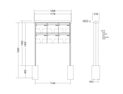 RENZ Briefkastenanlage freistehend, PRISMA, Edelstahl V4A, Kastenformat 370x330x100mm, 6-teilig, zum Einbetonieren, Renz Nummer 10-0-25485