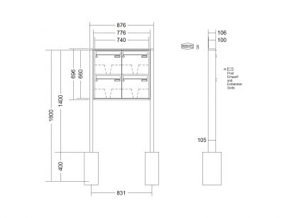 RENZ Briefkastenanlage freistehend, Quadra, Kastenformat 370x330x100mm, 4-teilig, zum Einbetonieren, Renz Nummer 10-0-25663