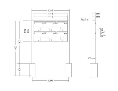 RENZ Briefkastenanlage freistehend, Quadra, Kastenformat 370x330x100mm, 6-teilig, zum Einbetonieren, Renz Nummer 10-0-25665