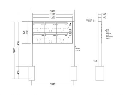 RENZ Briefkastenanlage freistehend, Quadra, Kastenformat 370x330x100mm, mit Klingel - & Lichttaster und Vorbereitung Gegensprechanlage, 6-teilig, zum Einbetonieren, Renz Nummer 10-0-25684