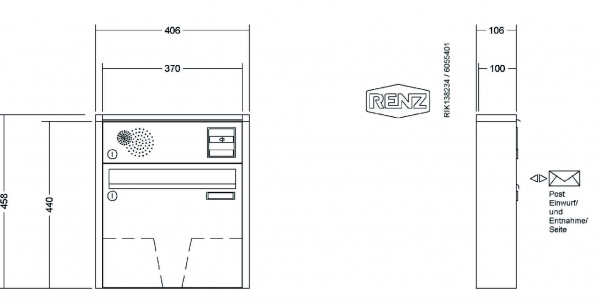 RENZ Briefkastenanlage Aufputz Quadra Kastenformat 370x330x100mm, mit Klingel - & Lichttaster und Vorbereitung Gegensprechanlage, 1-teilig, Renz Nummer 10-0-25824