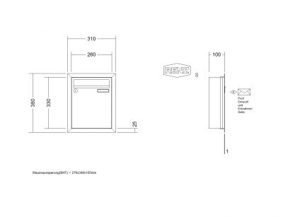 RENZ Briefkastenanlage Unterputz, Eckrahmen, Edelstahl V4A, Kastenformat 260x330x100mm, 1-teilig, Renz Nummer 10-0-25890