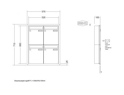 RENZ Briefkastenanlage Unterputz, Eckrahmen, Edelstahl V4A, Kastenformat 260x330x100mm, 4-teilig, Renz Nummer 10-0-25893