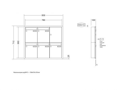 RENZ Briefkastenanlage Unterputz, Eckrahmen, Edelstahl V4A Kastenformat 260x330x100mm, 5-teilig, Renz Nummer 10-0-25894