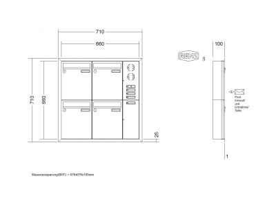 RENZ Briefkastenanlage Unterputz, Eckrahmen, Edelstahl V4A, Kastenformat 260x330x100mm, mit Klingel - & Lichttaster und Vorbereitung Gegensprechanlage, 4-teilig, Renz Nummer 10-0-25900