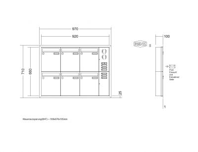 RENZ Briefkastenanlage Unterputz, Eckrahmen, Edelstahl V4A, Kastenformat 260x330x100mm, mit Klingel - & Lichttaster und Vorbereitung Gegensprechanlage, 6-teilig, Renz Nummer 10-0-25902