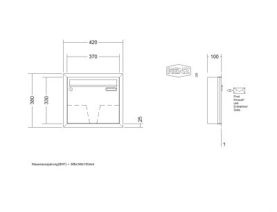 RENZ Briefkastenanlage Unterputz, Eckrahmen, Edelstahl V4A, Kastenformat 370x330x100mm, 1-teilig, Renz Nummer 10-0-25903