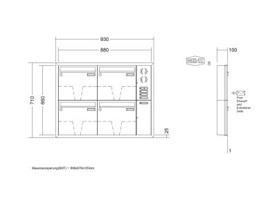 RENZ Briefkastenanlage Unterputz, Eckrahmen, Edelstahl V4A, Kastenformat 370x330x100mm, mit Klingel - & Lichttaster und Vorbereitung Gegensprechanlage, 4-teilig, Renz Nummer 10-0-25913