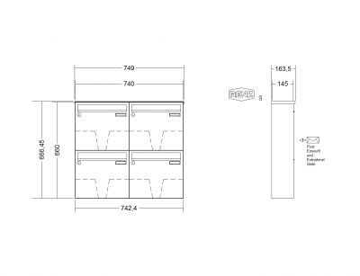 RENZ Briefkastenanlage, Aufputz, Classic Basic B, Edelstahl V4A, Kastenformat 370x330x145mm, 4-teilig, Renz Nummer 10-0-35009