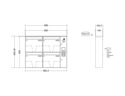 RENZ Briefkastenanlage, Aufputz, Classic Basic B, Edelstahl V4A, Kastenformat 370x330x145mm, mit Klingel - & Lichttaster und Vorbereitung Gegensprechanlage, 4-teilig, Renz Nummer 10-0-35021