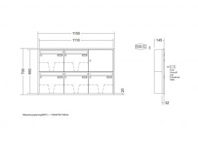 RENZ Briefkastenanlage Unterputz, Eckrahmen, Kastenformat 370x330x145mm, 5-teilig, Renz Nummer 10-0-35104