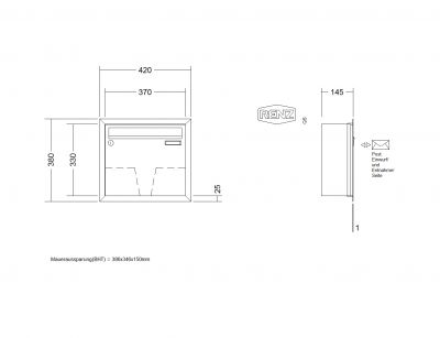 RENZ Briefkastenanlage Unterputz, Eckrahmen, Edelstahl V4A, Kastenformat 370x330x145mm, 1-teilig, Renz Nummer 10-0-35106