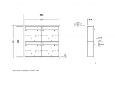 RENZ Briefkastenanlage Unterputz, Eckrahmen, Edelstahl V4A, Kastenformat 370x330x145mm, 4-teilig, Renz Nummer 10-0-35109