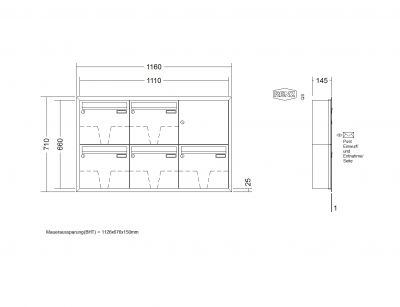 RENZ Briefkastenanlage Unterputz, Eckrahmen, Edelstahl V4A, Kastenformat 370x330x145mm, 5-teilig, Renz Nummer 10-0-35110